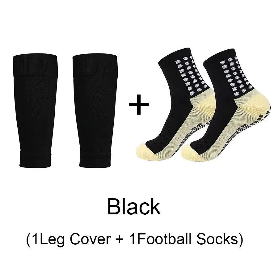 2 Pairs Set Men Grip Soccer Socks and Knee Pads Calf Sleeves Adult Youth Non Slip Leg Shin Guards for Basketball Football Sports