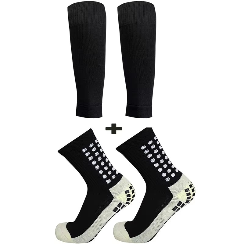 2 Pairs Set Men Grip Soccer Socks and Knee Pads Calf Sleeves Adult Youth Non Slip Leg Shin Guards for Basketball Football Sports