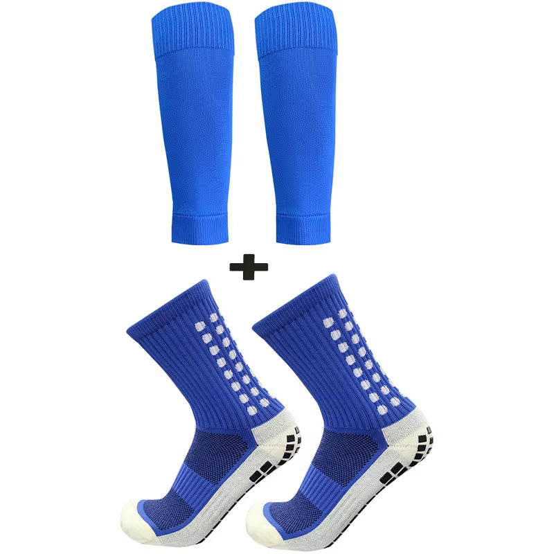 2 Pairs Set Men Grip Soccer Socks and Knee Pads Calf Sleeves Adult Youth Non Slip Leg Shin Guards for Basketball Football Sports