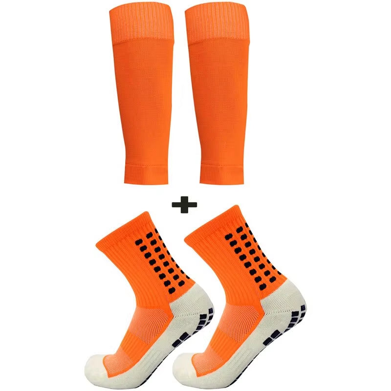 2 Pairs Set Men Grip Soccer Socks and Knee Pads Calf Sleeves Adult Youth Non Slip Leg Shin Guards for Basketball Football Sports