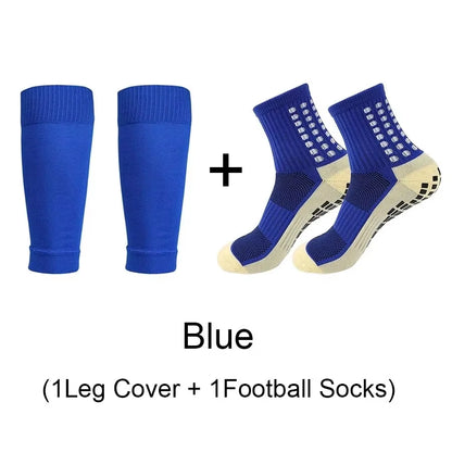 2 Pairs Set Men Grip Soccer Socks and Knee Pads Calf Sleeves Adult Youth Non Slip Leg Shin Guards for Basketball Football Sports